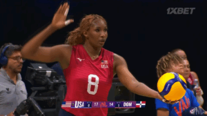 Brionne Butler serving for Team USA versus Dominican Republic in VNL match July 10, 2025